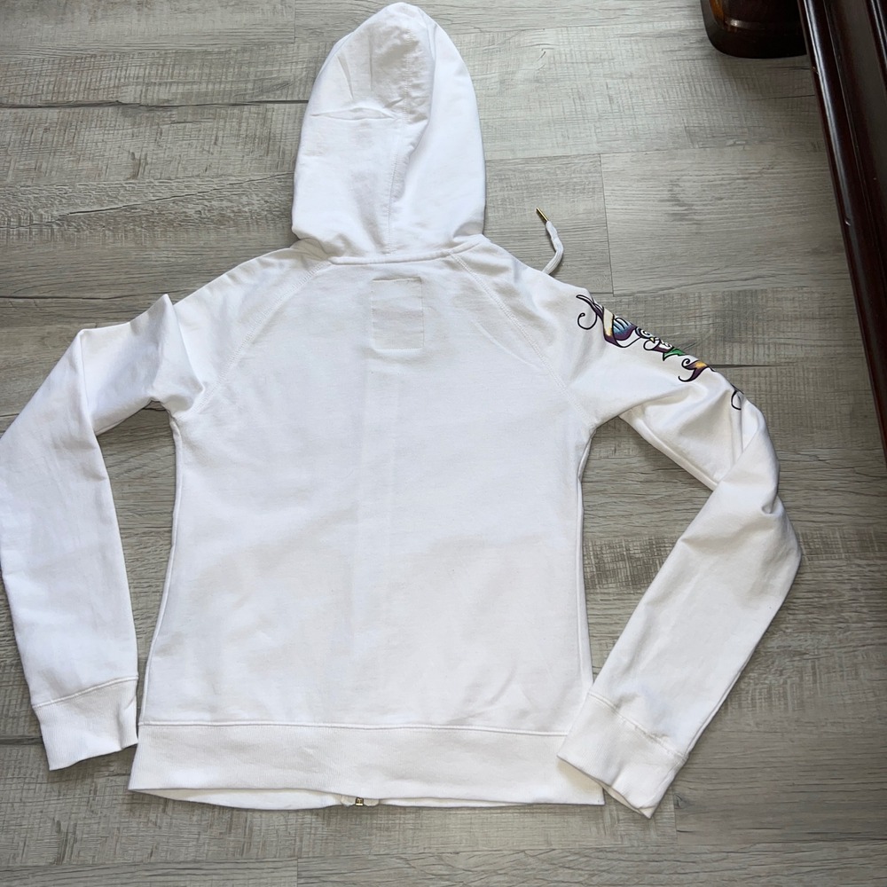 VTG Ecko Red Womens White Tattoo Graphic Zip Up Hoodie Rhinestone Heart Y2K M - Picture 7 of 12